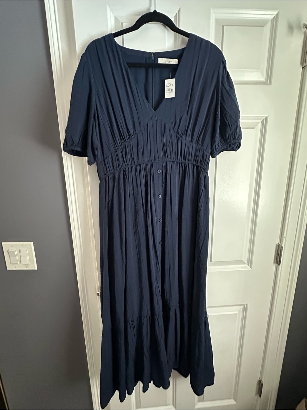 LOFT Navy V-Neck Button-Front Midi Dress